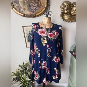 One The Land Blue Pink Rose Floral Stretch Long Sleeve Stretch Shirt Dress Sz S